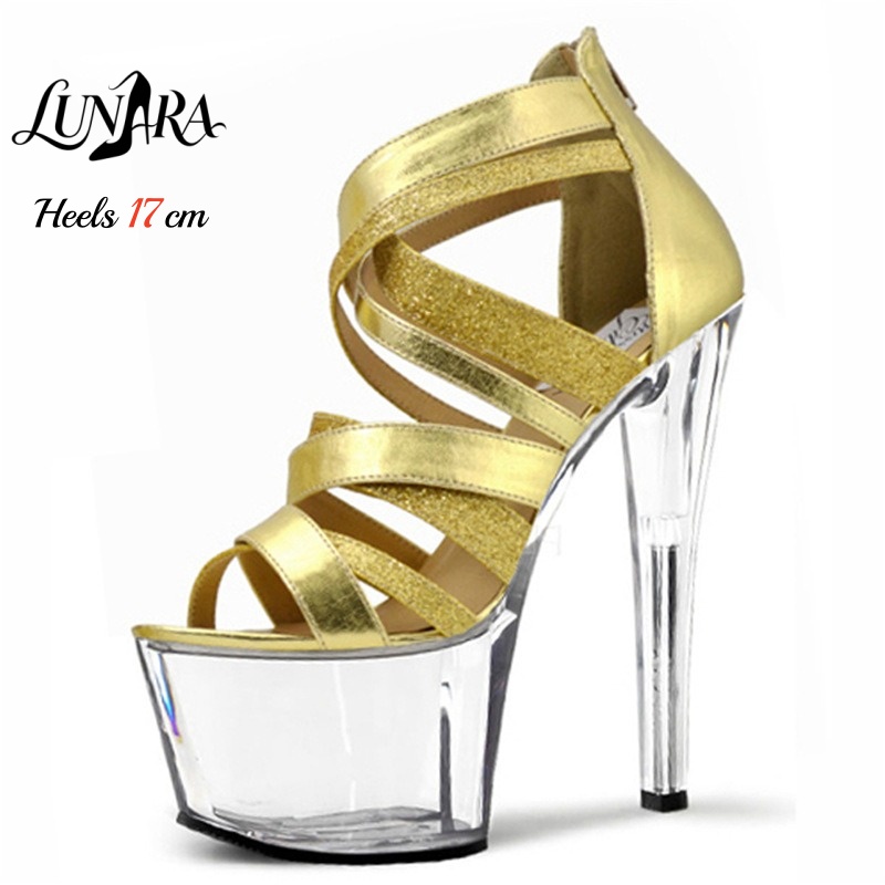 Strappy Heeled Sandals - 17cm/7 Zoll goldene Metallic-Riemchensandalen mit offenem