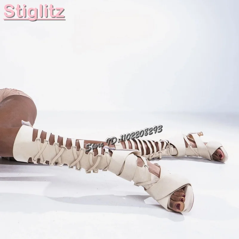 Strappy Heeled Sandals - Retro-Kreuz-gebundene römische Sandalen, solide, mattierte runde